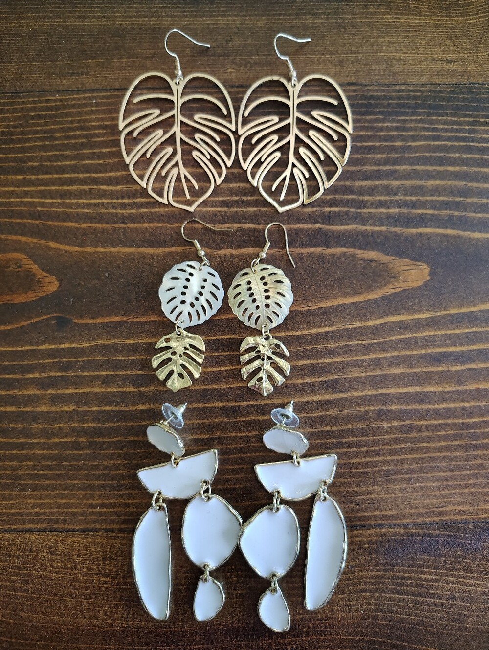 Bundle Of 3. Gold and White Leaf Drop Earrings - Women's Fashion Jewelry